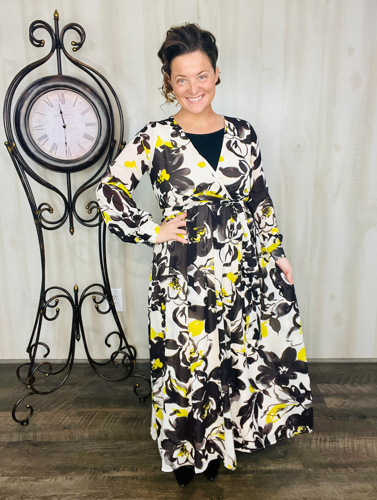 Floral Surplice Maxi Dress- Black or Burgundy Small / Burgundy