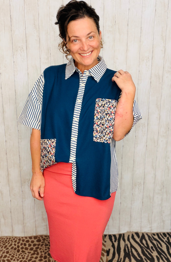 Emily Navy & Stripe Contrast Button Front Top – The King's