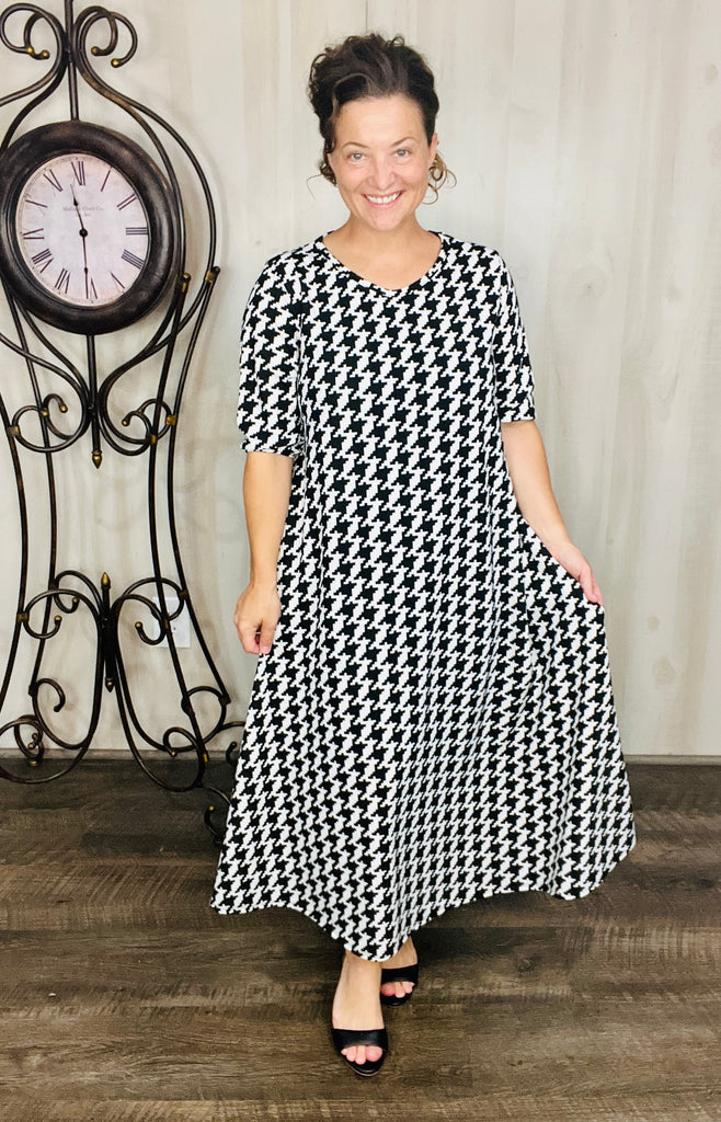 black and white houndstooth maxi dress Asilio Shake It Off Houndstooth Fringe Wool Blend Fall Sping Maxi Dress