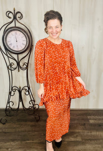 Samantha Ruffle High-Low Tunic- Rust Polkadot Bodre