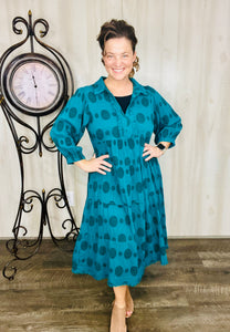 Cindy Jacquard Puff Sleeve Dress- (Teal)