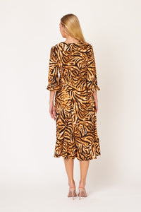 Tiger Print & Buttons Collared Dress