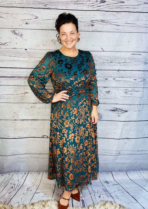 Teal & Floral Burnout Velvet Dress