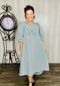 Mandy Pinstripe & Bow Dress- Charcoal
