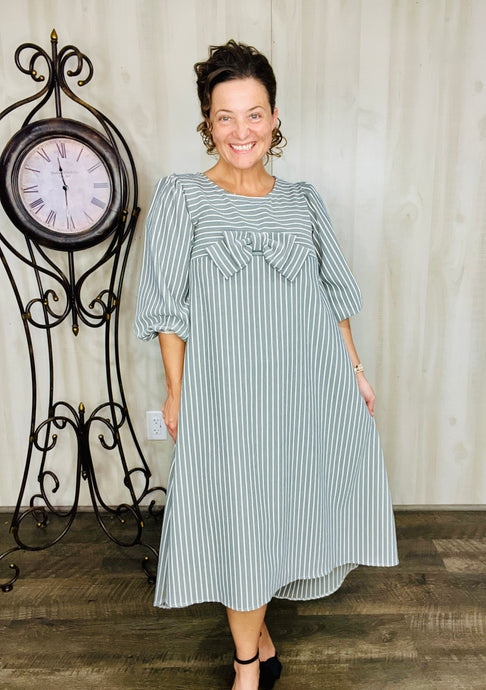 Mandy Pinstripe & Bow Dress- Charcoal