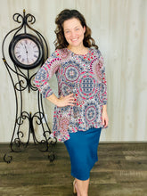 Samantha Ruffle High Low Tunic- Blue & Pink Geometric