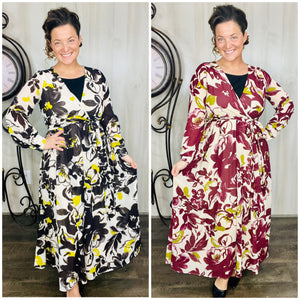 Floral Surplice Maxi Dress- Black or Burgundy