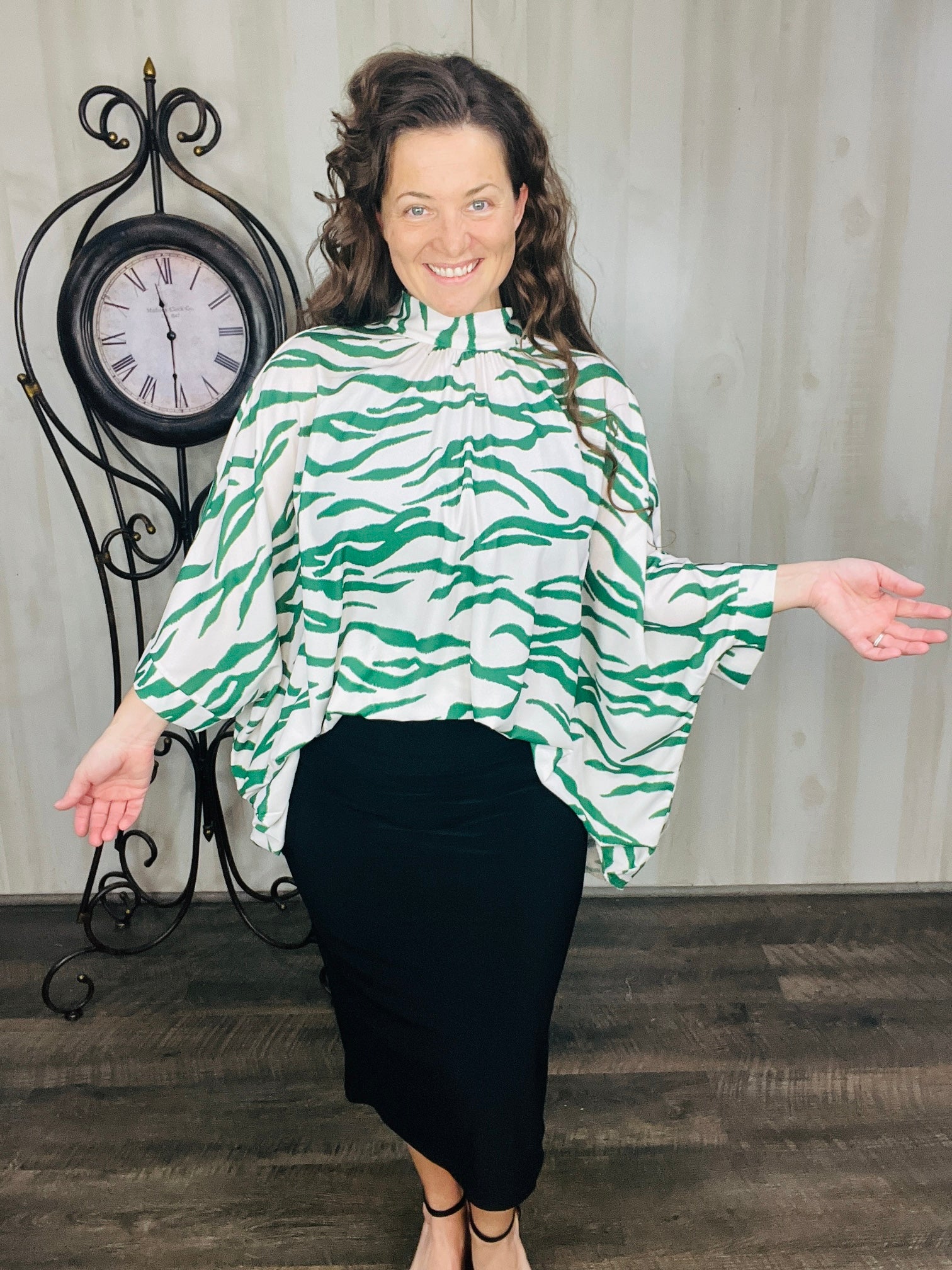 Ivory & Green Zebra Print Top – The King's Daughter Boutique
