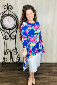 Royal Blue & Floral Dramatic High-Low Tunic