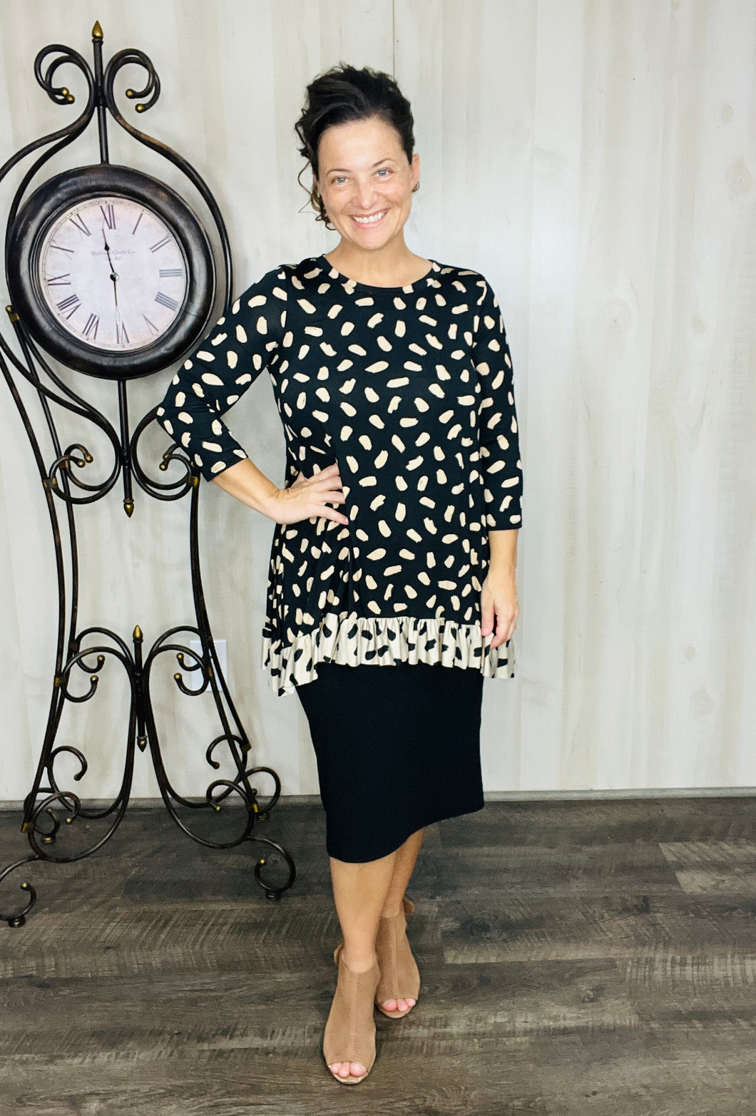 Samantha Ruffle High Low Tunic-Tan & Black Ink Blot