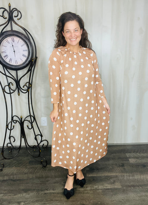 Cute & Comfy Polkadot Dress- Tan