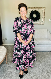 Power On The Day Dress- Black & Pink Floral