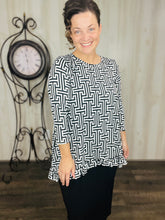 Samantha Ruffle High Low Tunic-Black & White Geometric
