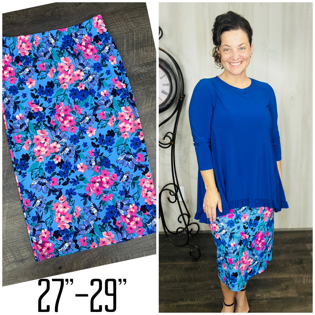 Miss Amy Thicker Fabric Pencil Skirt- (Regular & Plus) Multi-Blue (27
