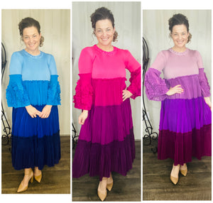Layers of Joy Ruffle Dress- Purple, Pink & Blue