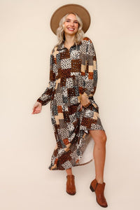 Kaylee Collared Animal Print Patchwork Dress
