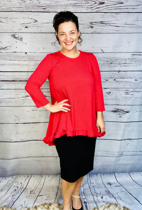 Samantha Ruffle High Low Tunic-Ribbed Red