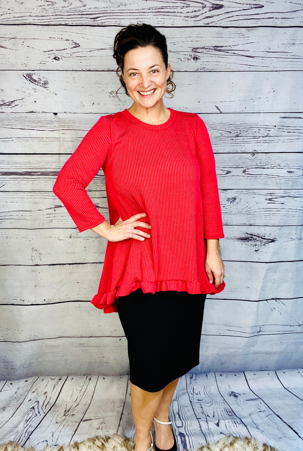 Samantha Ruffle High Low Tunic-Ribbed Red