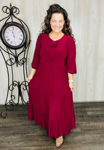 Cassie Tiered Boho Style Dress-Burgundy