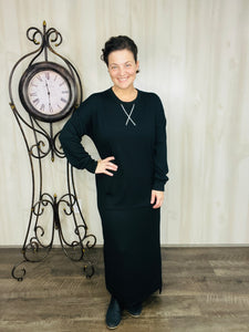 Sophia Sweatshirt Dress-Black Ribbed