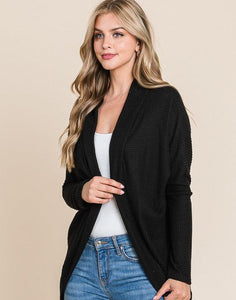 Waffle Knit Cardigan-Black