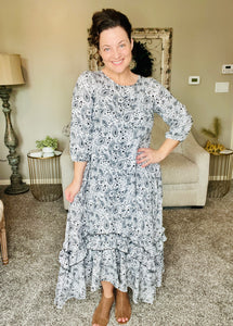 Michella High Low Dress-Black & White Paisley