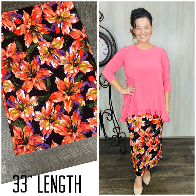 Amy Thicker Fabric Pencil Skirt- (Regular & Plus) -Multi Coral (33