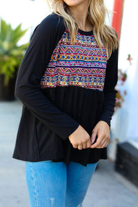 Black Aztec Babydoll Top