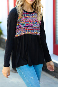 Black Aztec Babydoll Top