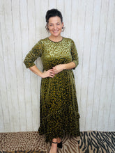 Kayla Ruffled Burnout Velvet Dress-Olive Leopard