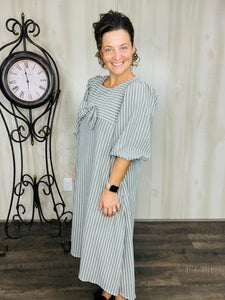 Mandy Pinstripe & Bow Dress- Charcoal