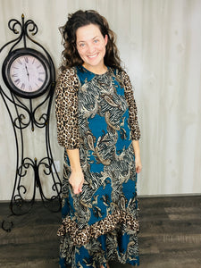 Michella High Low Dress-Teal & Animal Print