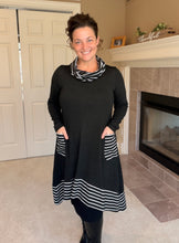 Black & White Striped Cowl Neck Tunic Dress