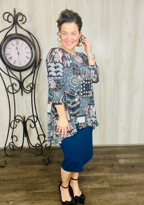 Samantha Ruffle High Low Tunic- Navy & Gray Paisley