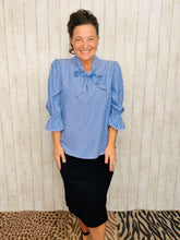 Lillian Bow Front Top- Blue & Ivory Striped