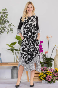 Mindy Ruffle Dress-Black & White Contrast