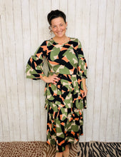 Candice Three Ruffle Dress- Olive Geometric Style