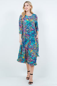 Veronica Ruffle Swing Dress- Teal Paisley Print