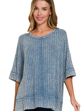 Ribbed Acid Wash Half Sleeve Top-Dusty Blue