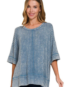 Ribbed Acid Wash Half Sleeve Top-Dusty Blue