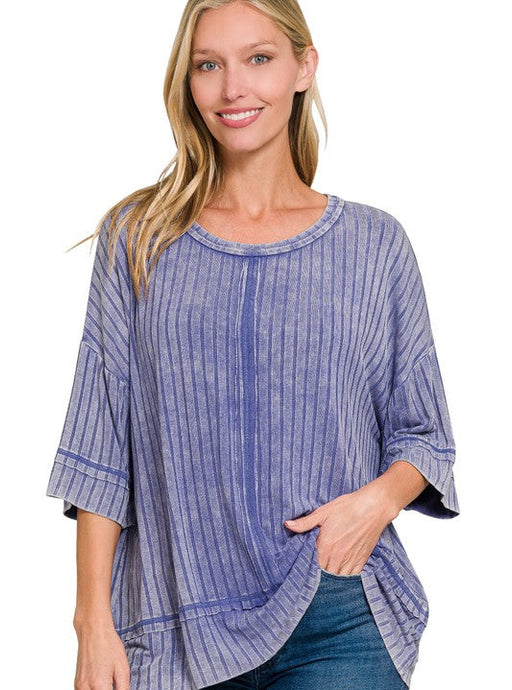 Ribbed Acid Wash Half Sleeve Top-Marlin