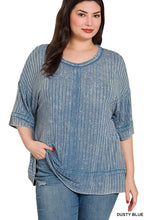 Ribbed Acid Wash Half Sleeve Top-Dusty Blue