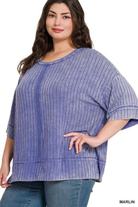 Ribbed Acid Wash Half Sleeve Top-Marlin