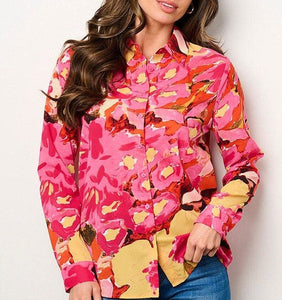 Kim Button Front Top- Fuchsia Mix