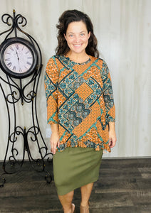 Samantha Ruffle High Low Tunic-Rust & Olive
