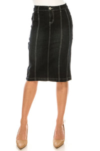 Jennifer Black Wash Stretch Jean Skirt (Five Front Stripes)