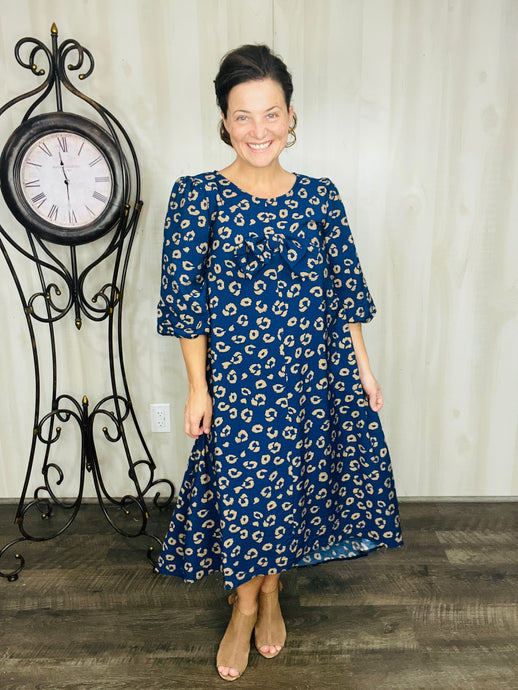 Mandy Animal Print & Bow Dress- Navy