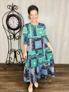 Tonya Tiered Dress- Navy & Green Patchwork
