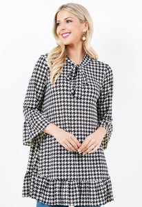 Jasmine Bow & Ruffle Tunic- Houndstooth