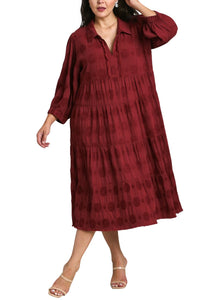 Cindy Jacquard Puff Sleeve Dress Plus-(Rose or Wine)